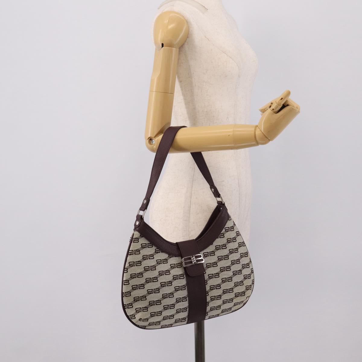 BALENCIAGA Shoulder Bag Canvas Beige Silver Auth bs37155