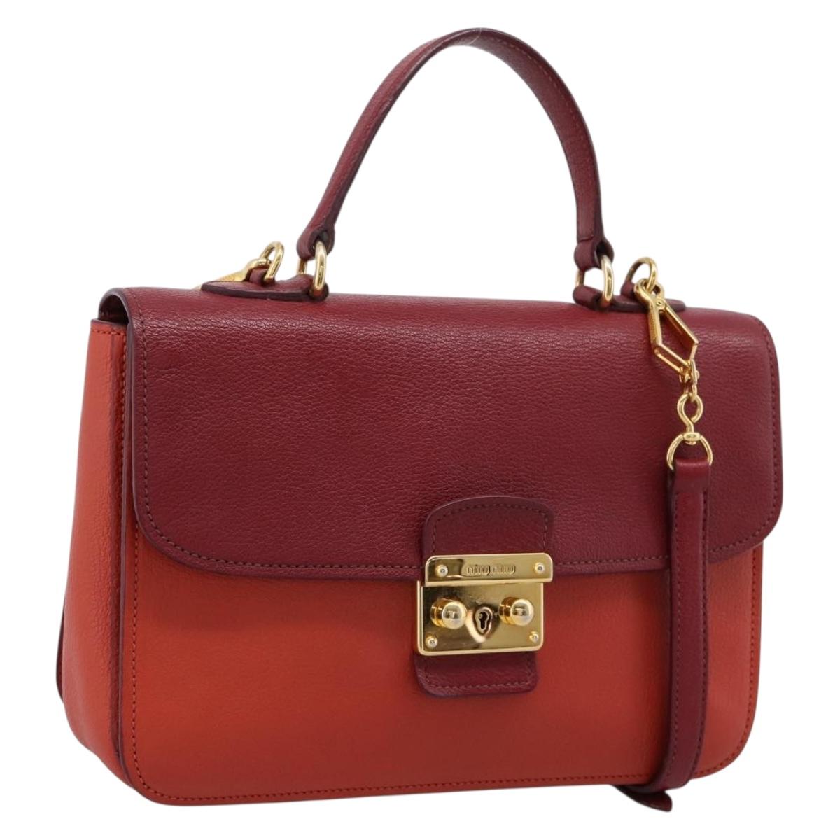 Miu Miu Hand Bag Leather 2way Red Gold Tone Auth bs37156A