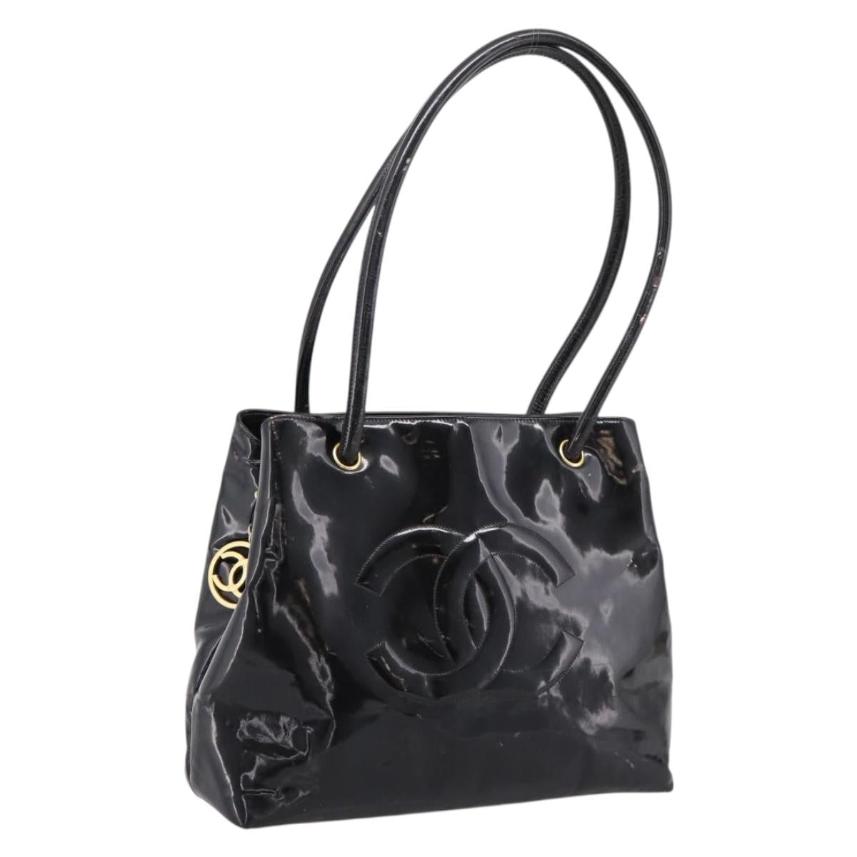 CHANEL COCO Mark Tote Bag Patent Black Gold Tone CC Auth bs37158
