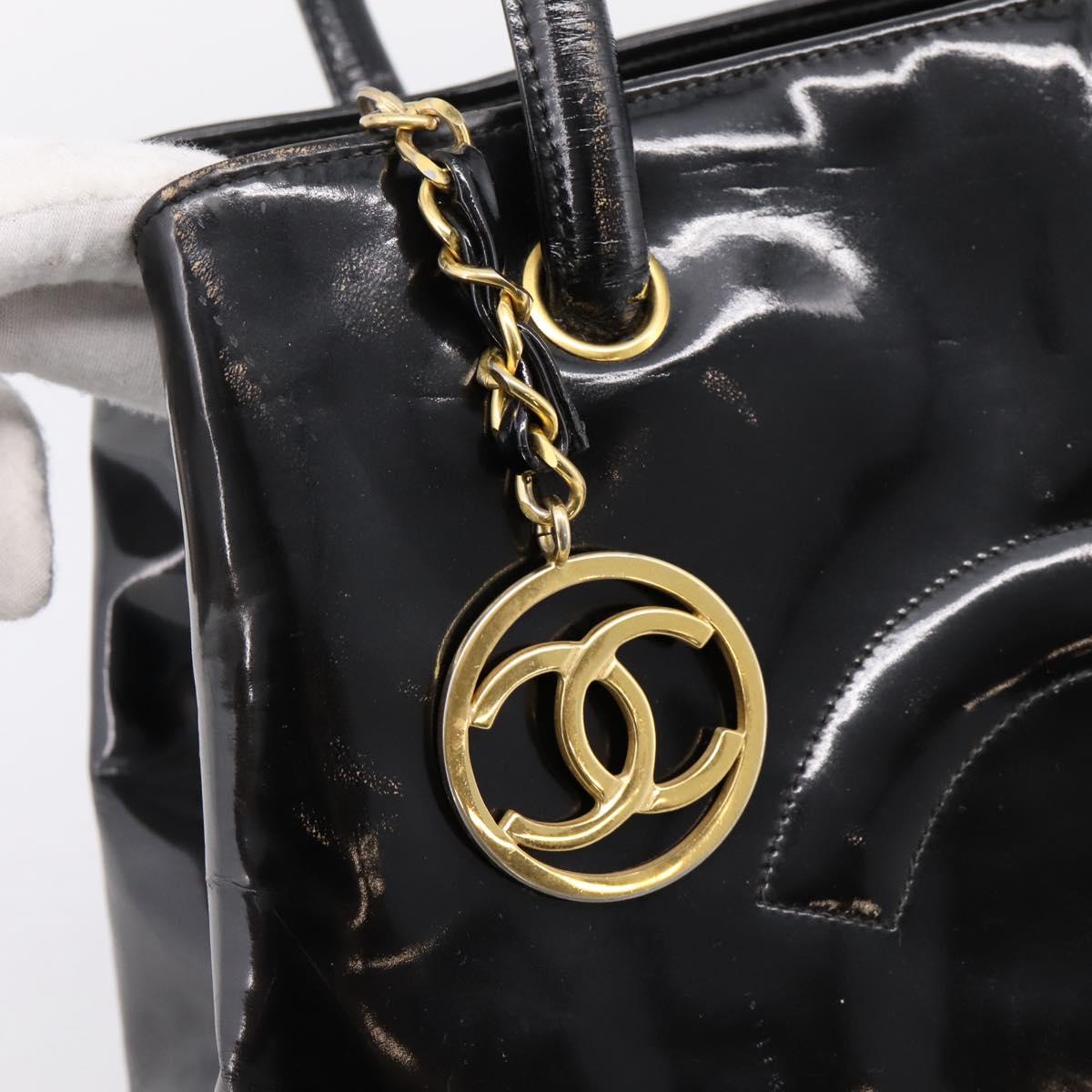 CHANEL COCO Mark Tote Bag Patent Black Gold Tone CC Auth bs37158