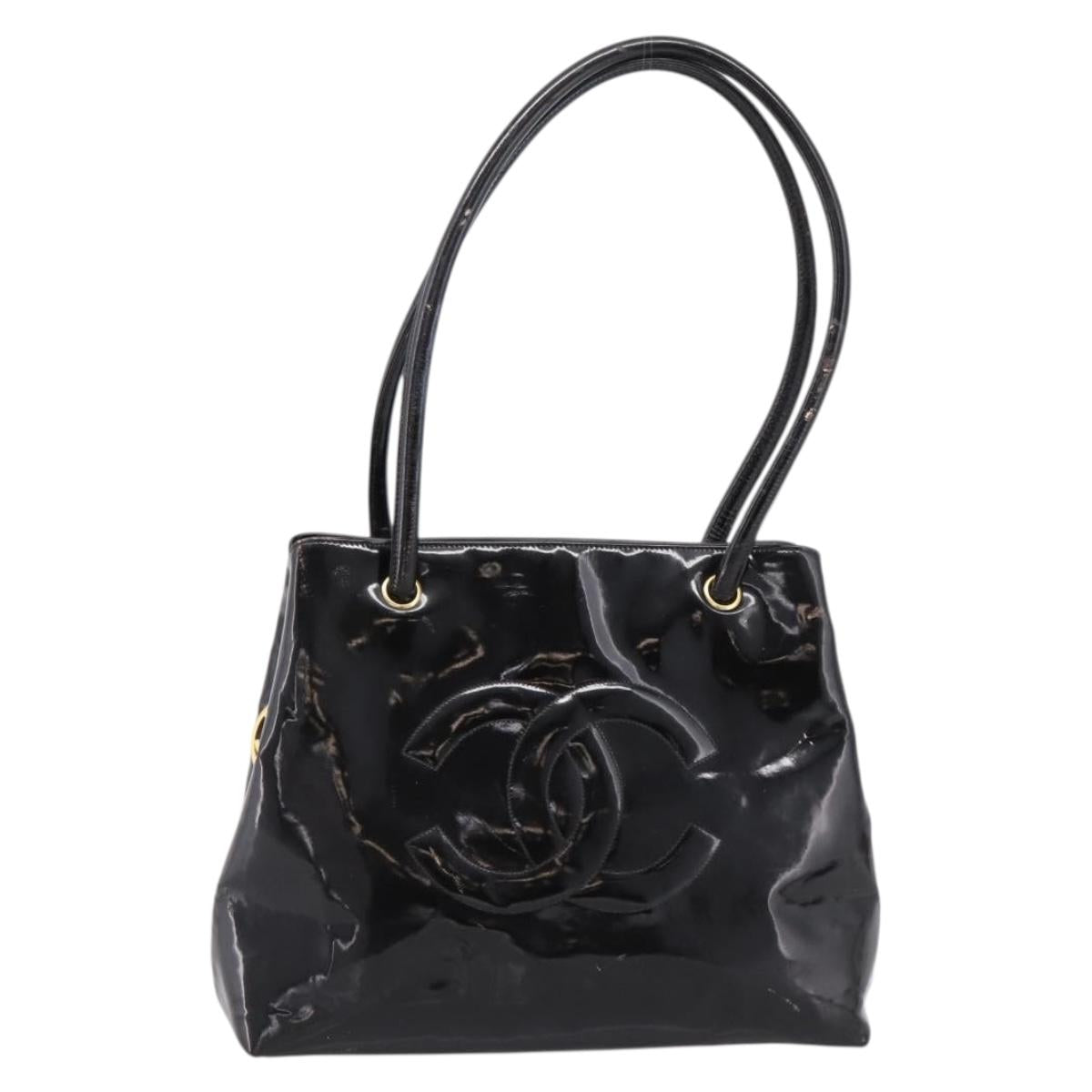 CHANEL COCO Mark Tote Bag Patent Black Gold Tone CC Auth bs37158