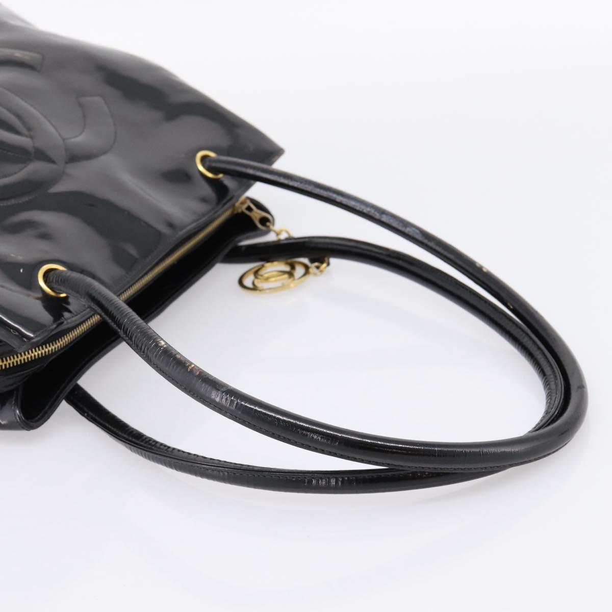 CHANEL COCO Mark Tote Bag Patent Black Gold Tone CC Auth bs37158
