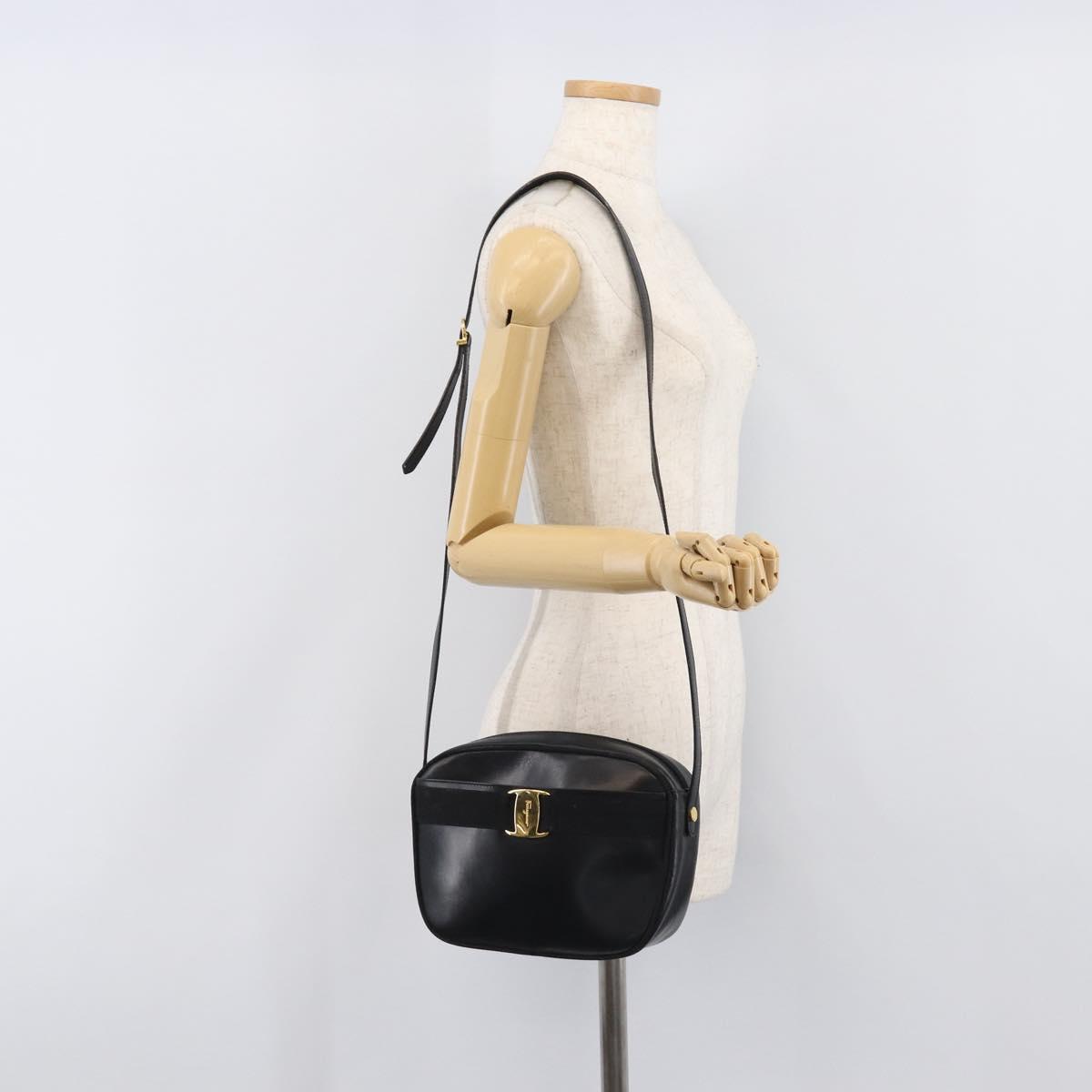 Salvatore Ferragamo Vala Shoulder Bag Leather Black Gold Tone Auth bs37160