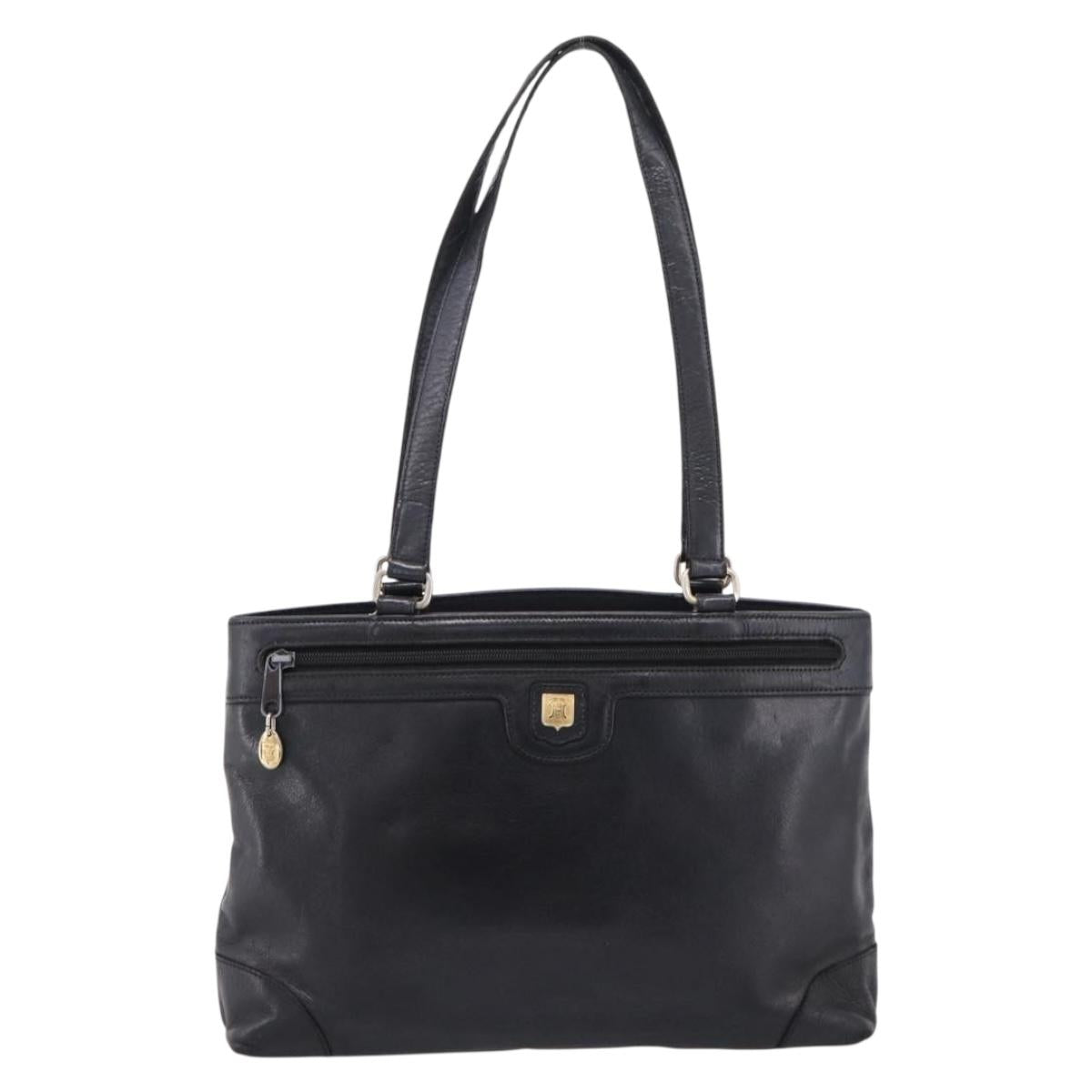 CELINE Tote Bag Leather Black Gold Tone Auth bs37162