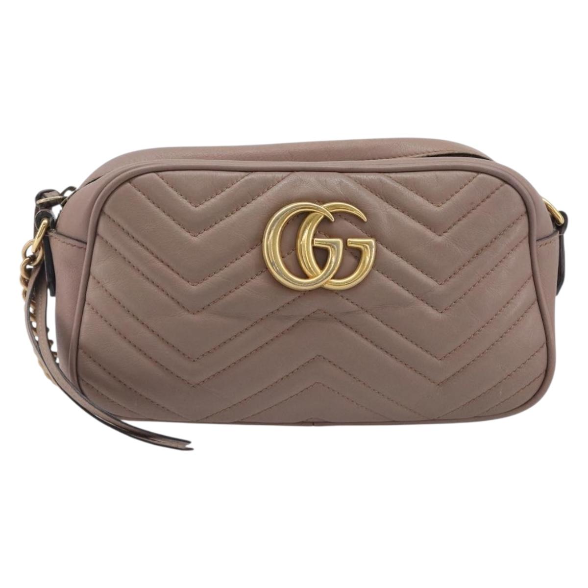 GUCCI GG Marmont Chain Shoulder Bag Leather Beige Gold Tone 447632 Auth bs37164