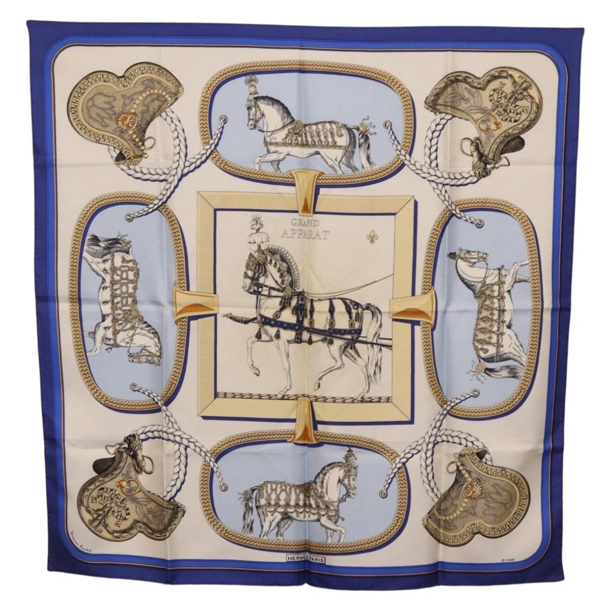 HERMES Carre 90 Scarf hGRAND APPARATh Silk Blue Auth bs37166
