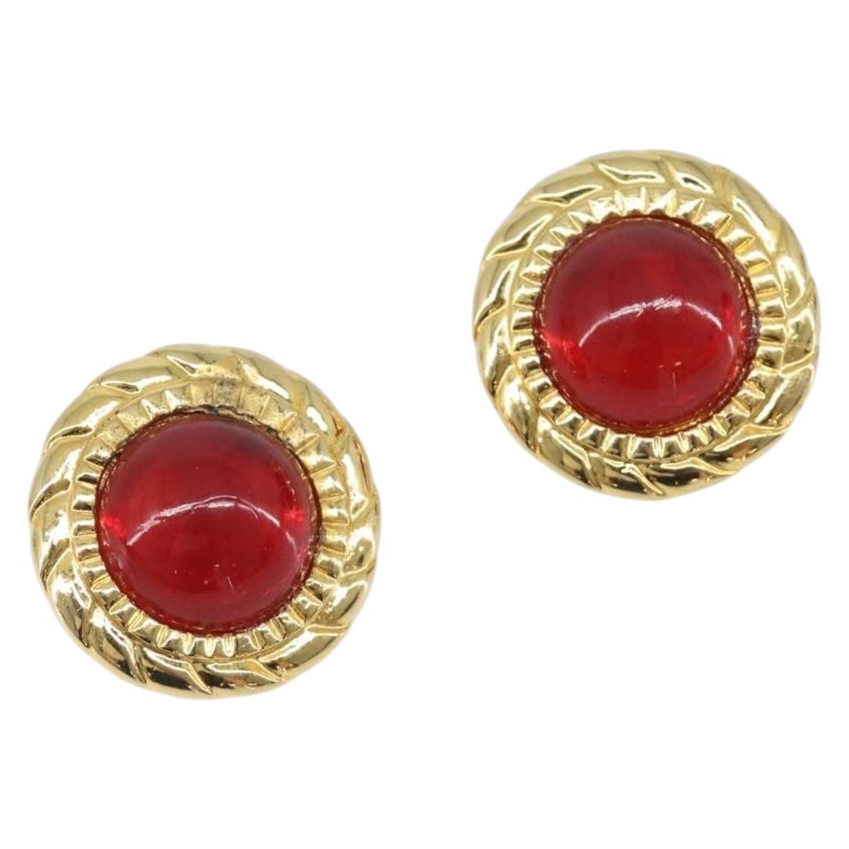 CHANEL Earring Metal Gold Tone Red CC Auth bs37169