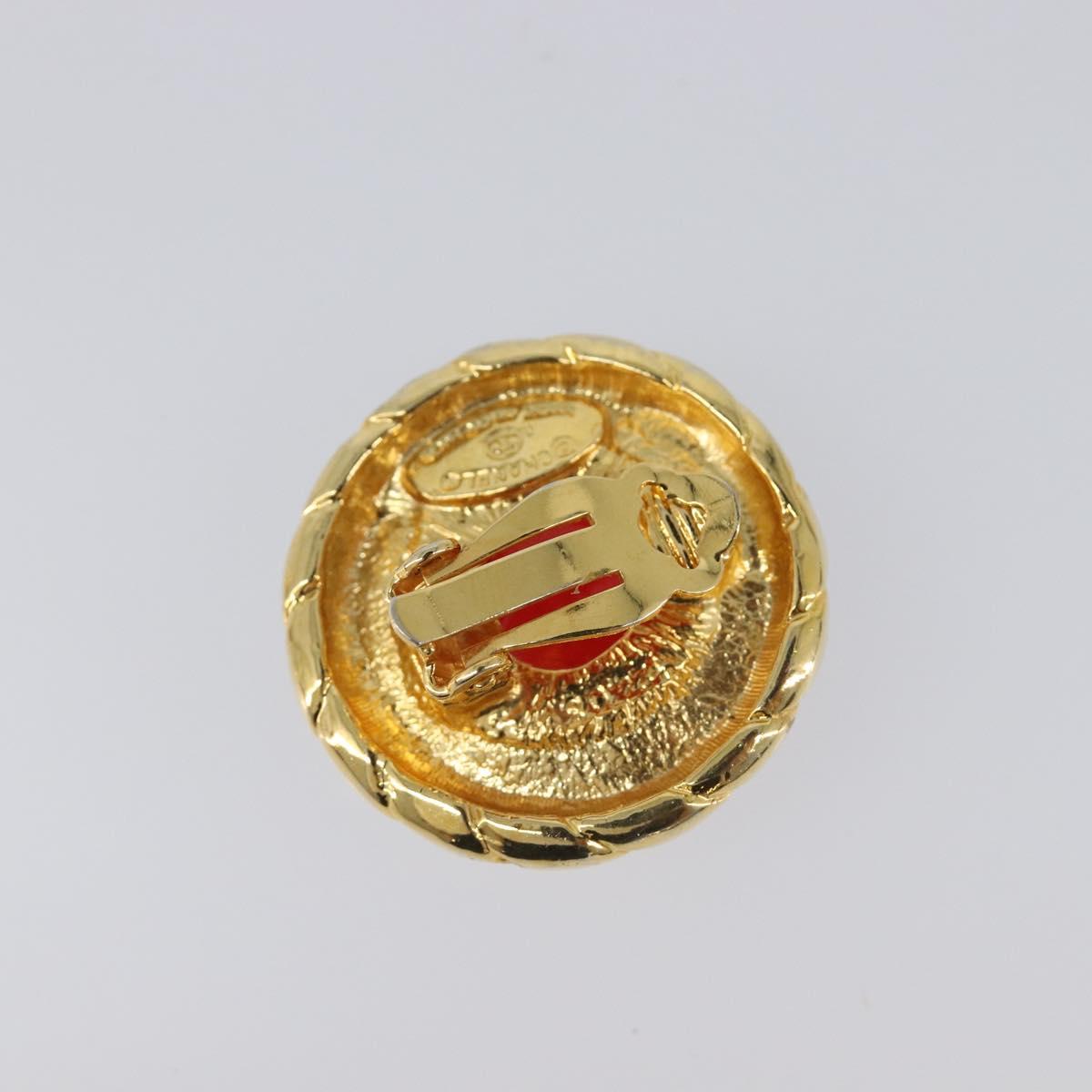 CHANEL Earring Metal Gold Tone Red CC Auth bs37169