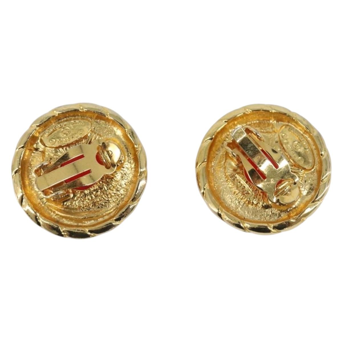 CHANEL Earring Metal Gold Tone Red CC Auth bs37169
