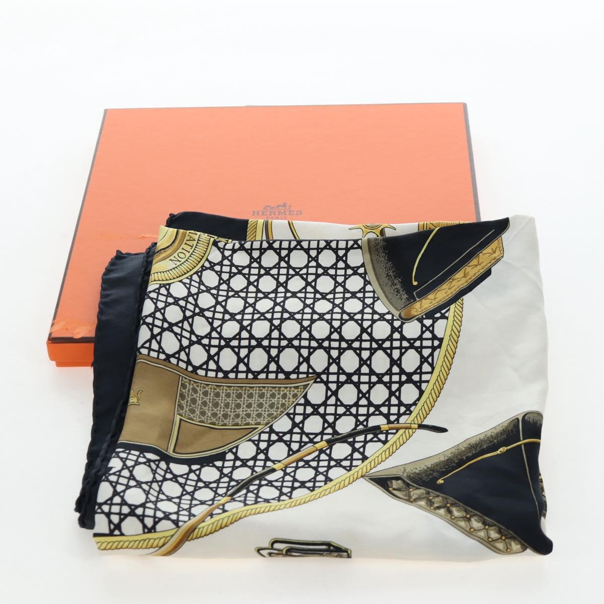 HERMES Carre 90 Scarf Silk Black White Auth bs37175