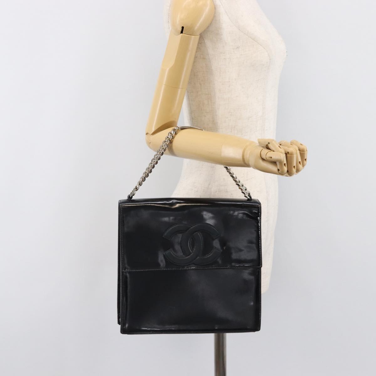 CHANEL COCO Mark Chain Hand Bag Patent leather Black Silver CC Auth bs37188