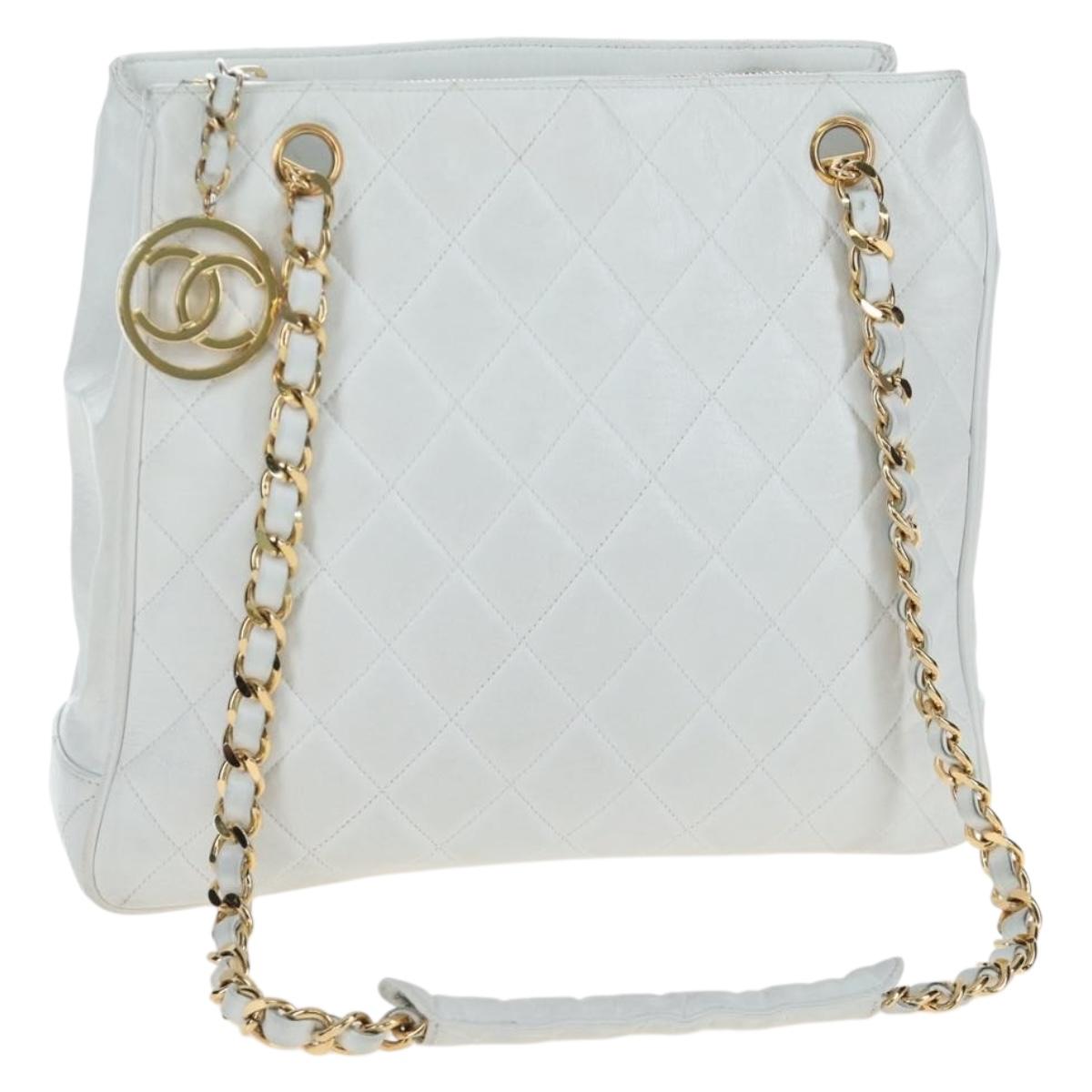 CHANEL Matelasse Chain Shoulder Bag Lamb Skin White Gold CC Auth bs37211