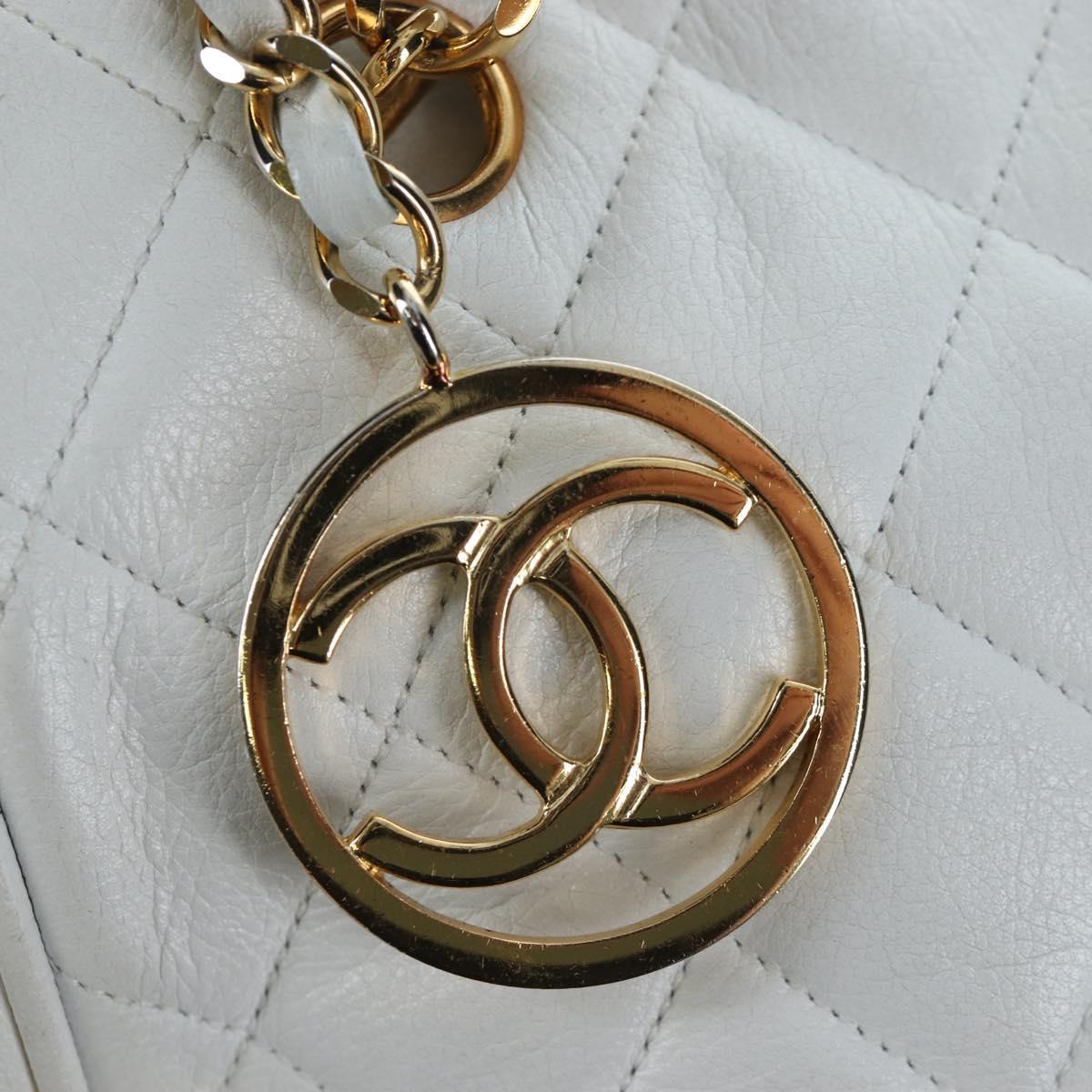 CHANEL Matelasse Chain Shoulder Bag Lamb Skin White Gold CC Auth bs37211