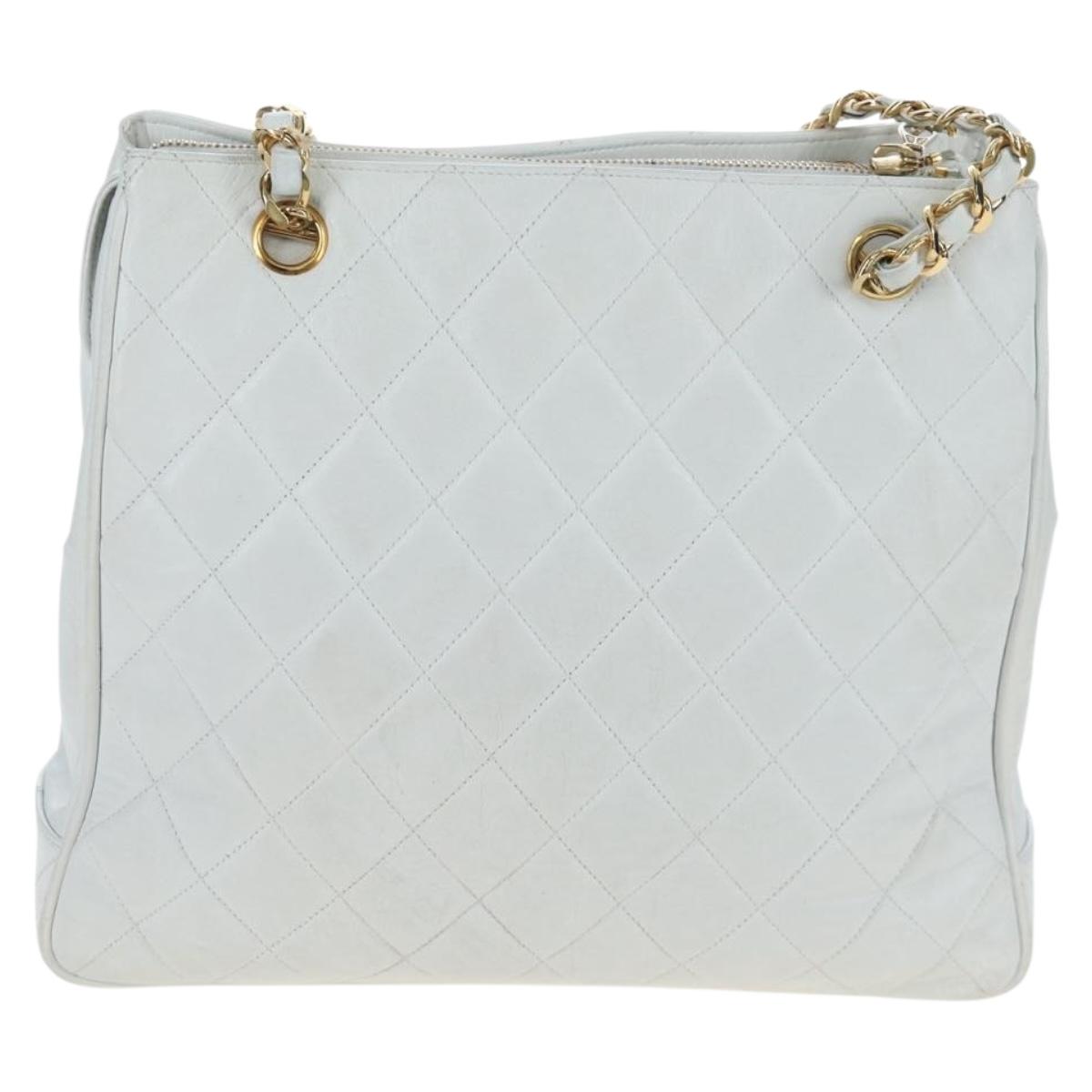 CHANEL Matelasse Chain Shoulder Bag Lamb Skin White Gold CC Auth bs37211