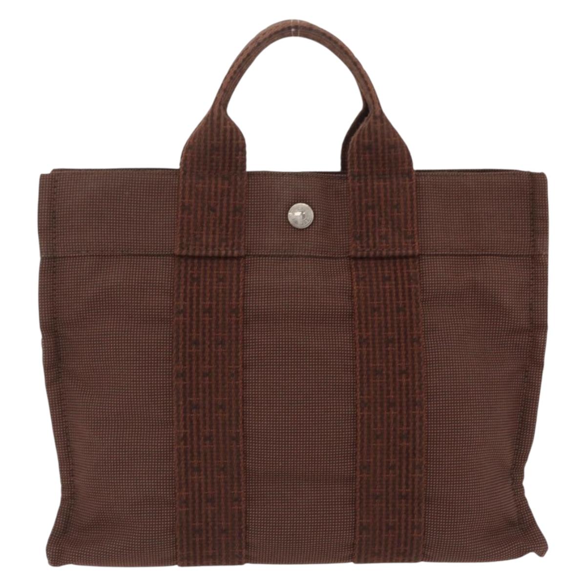 HERMES Her Line Tote PM Tote Bag Canvas Brown Silver Auth bs37214