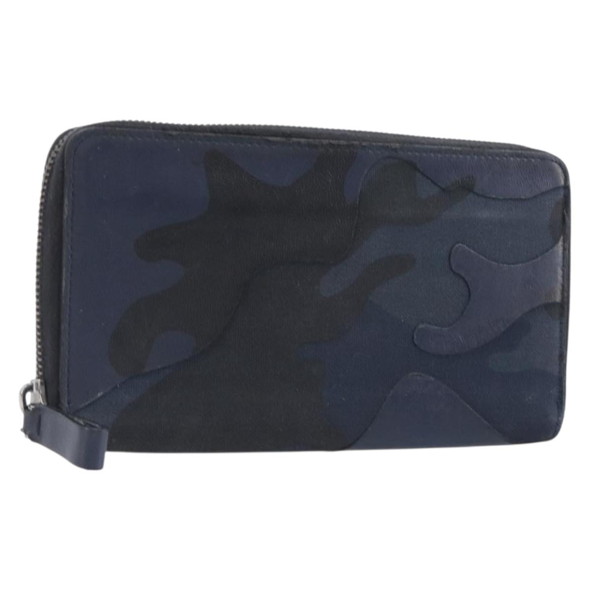 VALENTINO Long Wallet Canvas Navy Silver Auth bs37216