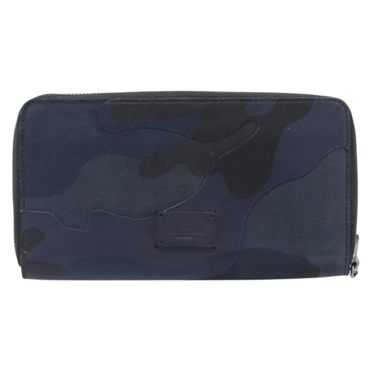VALENTINO Long Wallet Canvas Navy Silver Auth bs37216