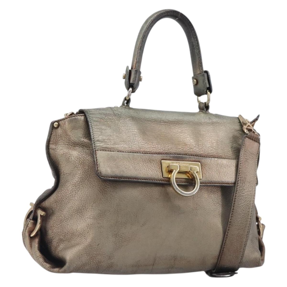Salvatore Ferragamo Gancini Hand Bag Leather 2way Gold Auth bs37237