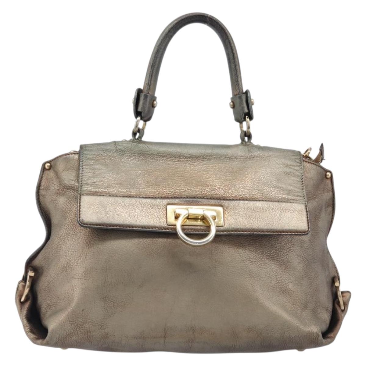 Salvatore Ferragamo Gancini Hand Bag Leather 2way Gold Auth bs37237