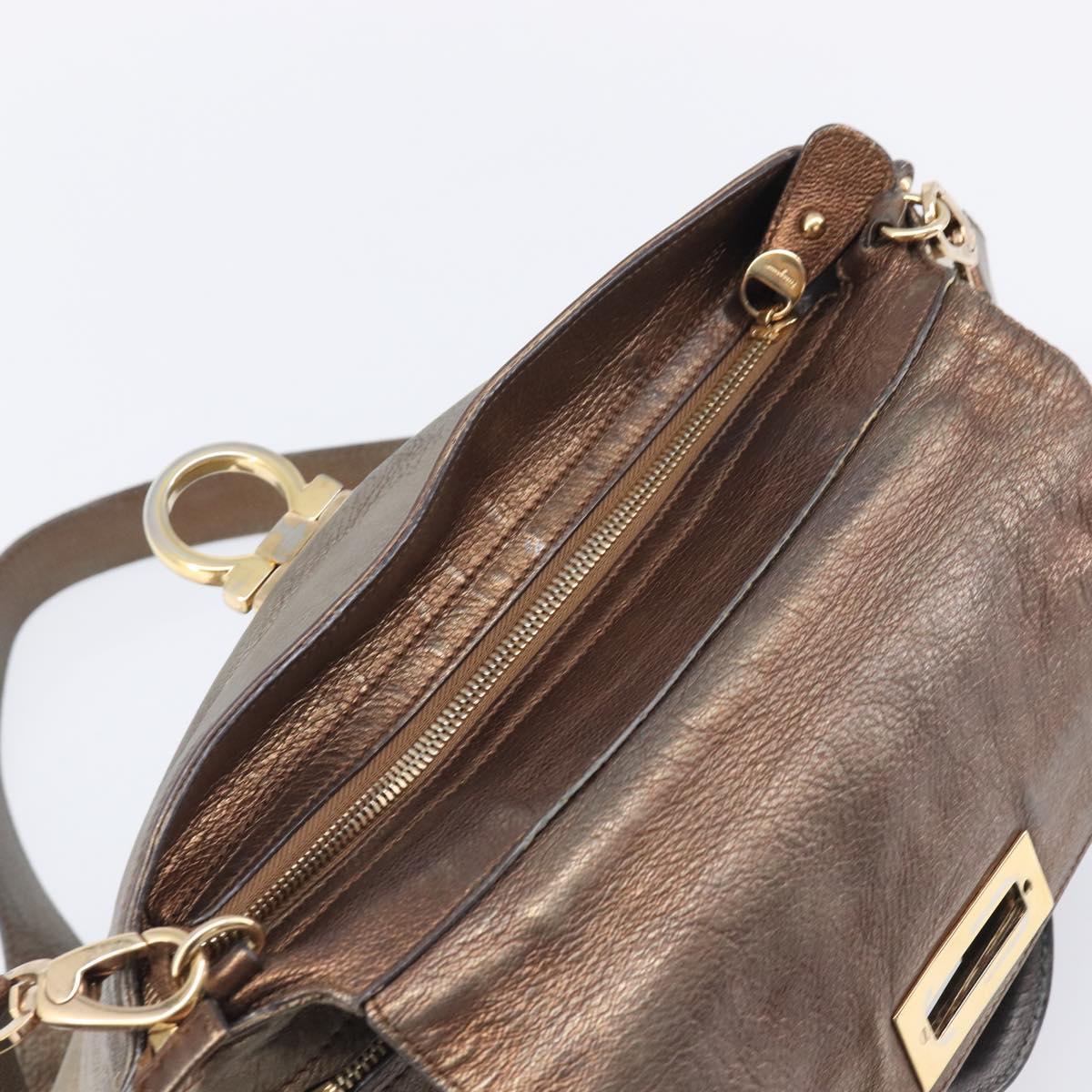 Salvatore Ferragamo Gancini Hand Bag Leather 2way Gold Auth bs37237