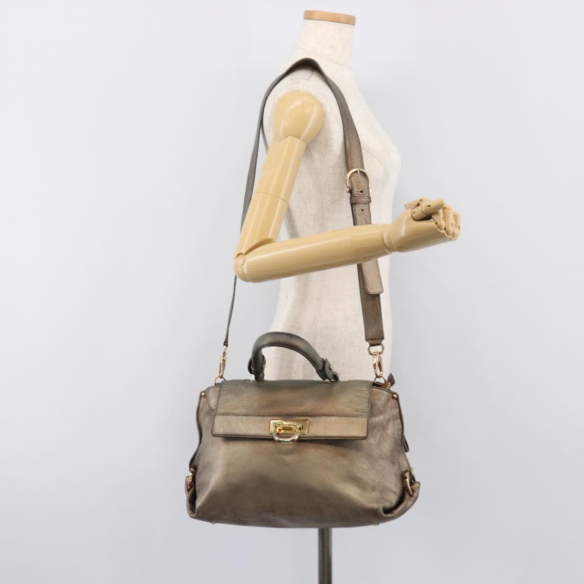 Salvatore Ferragamo Gancini Hand Bag Leather 2way Gold Auth bs37237