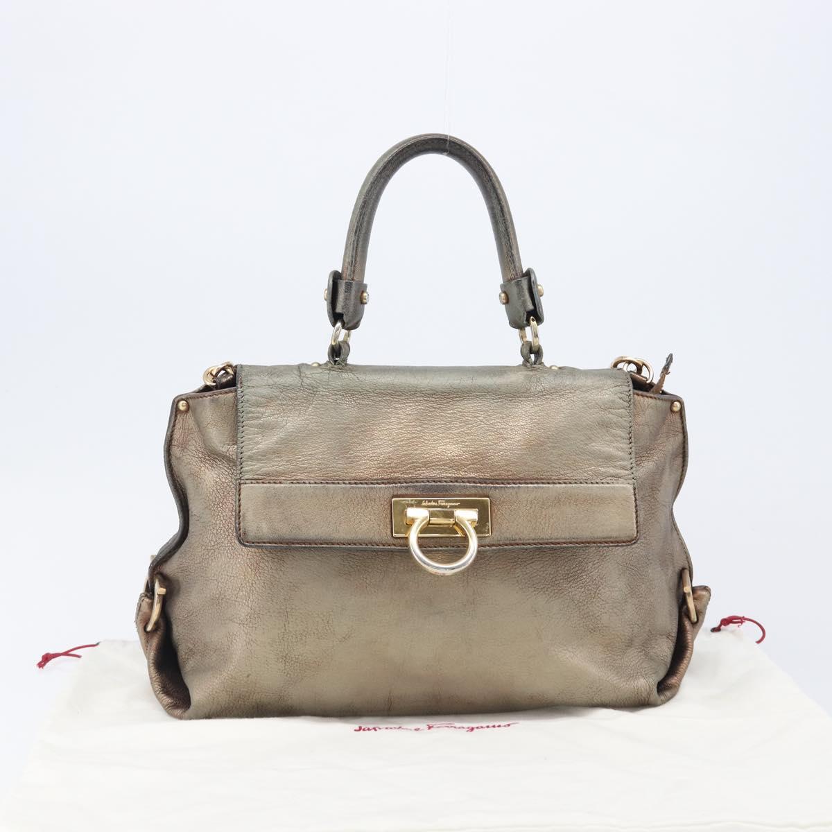 Salvatore Ferragamo Gancini Hand Bag Leather 2way Gold Auth bs37237