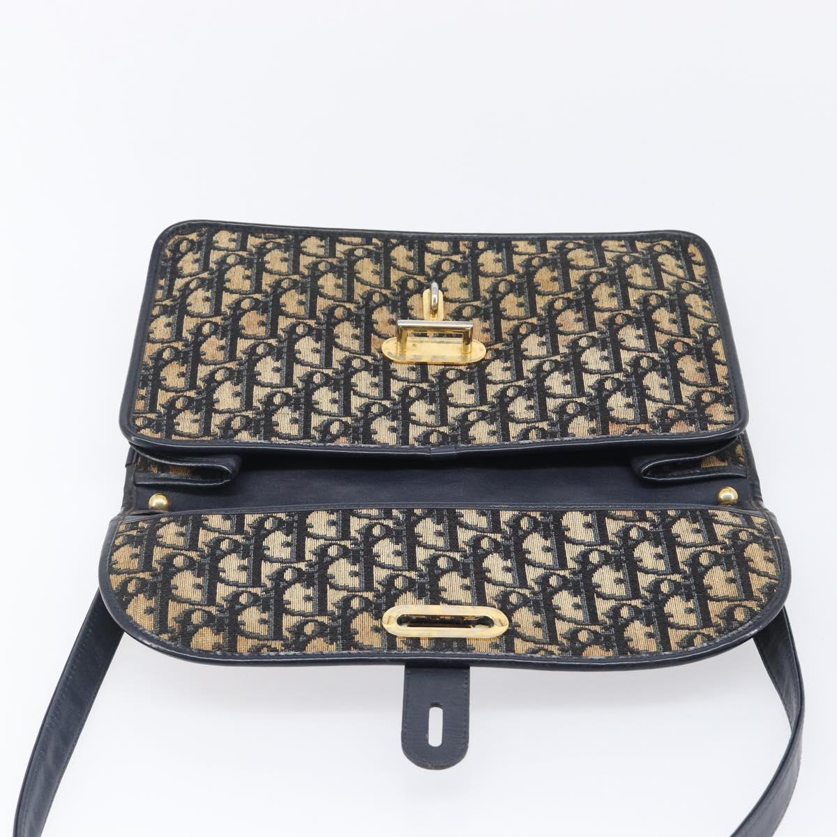 Christian Dior Trotter Canvas Shoulder Bag Navy Gold Tone Auth bs37239
