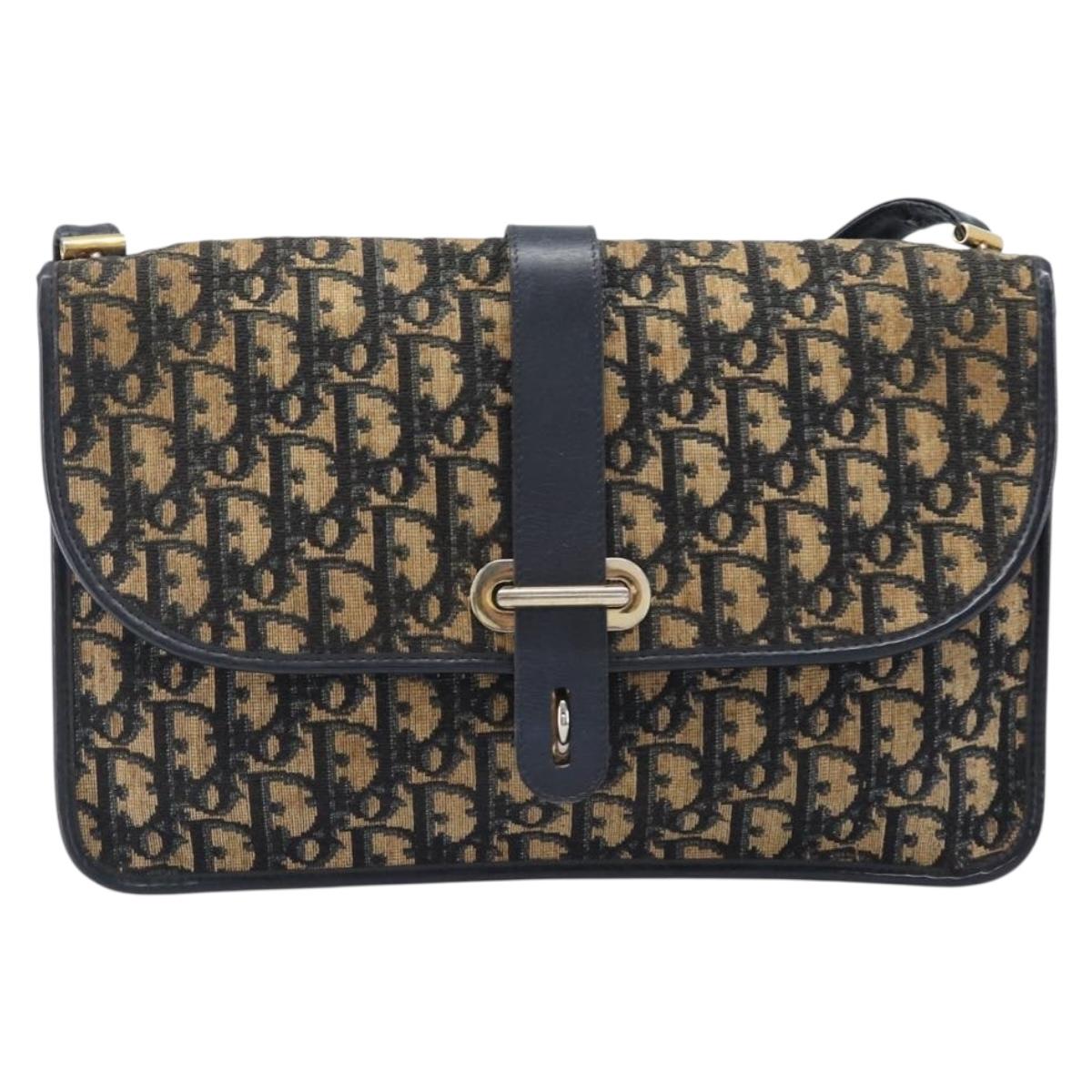 Christian Dior Trotter Canvas Shoulder Bag Navy Gold Tone Auth bs37239
