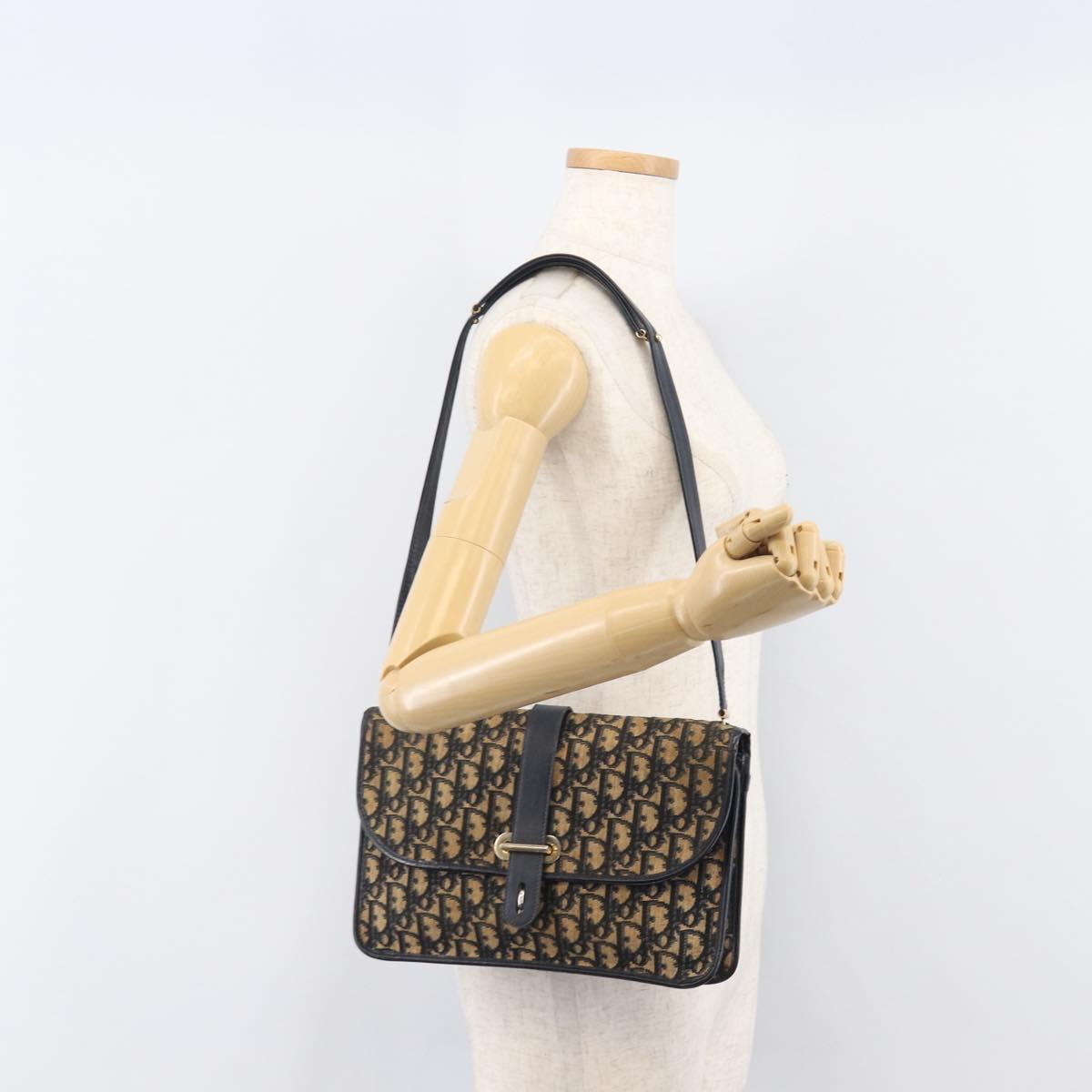 Christian Dior Trotter Canvas Shoulder Bag Navy Gold Tone Auth bs37239