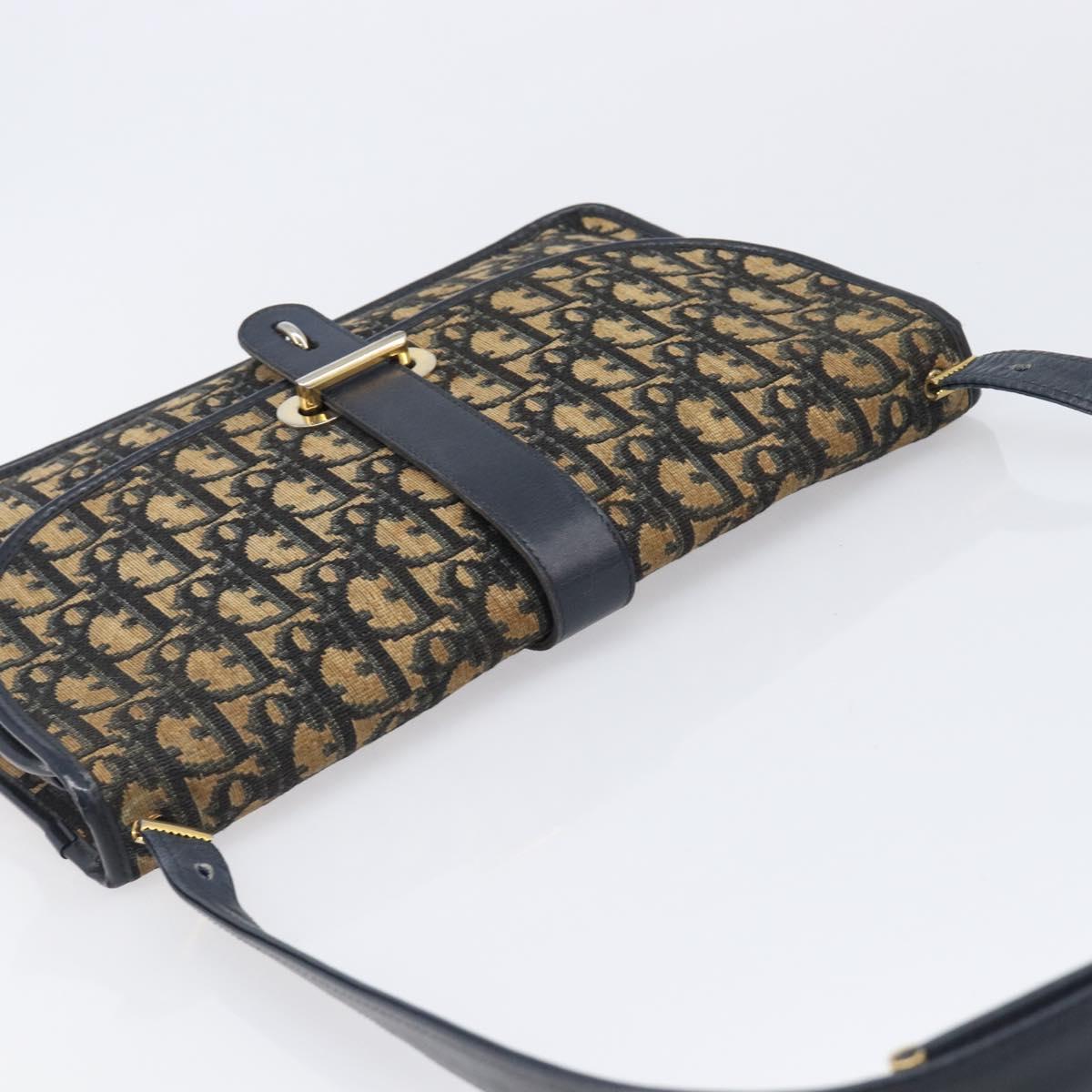 Christian Dior Trotter Canvas Shoulder Bag Navy Gold Tone Auth bs37239