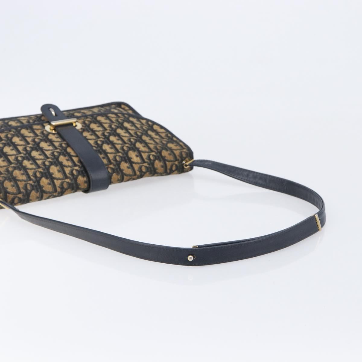 Christian Dior Trotter Canvas Shoulder Bag Navy Gold Tone Auth bs37239