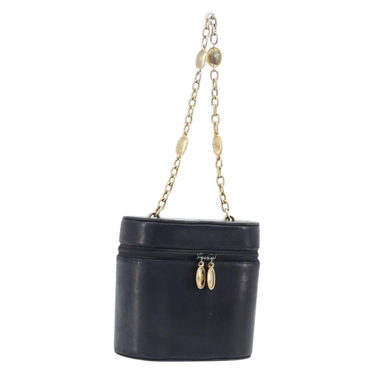 Christian Dior Chain Hand Bag Leather Black Gold Tone Auth bs37240