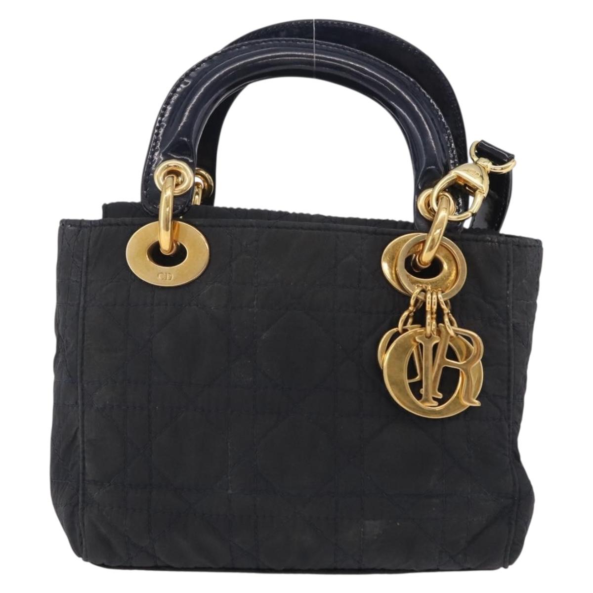 Christian Dior Canage Hand Bag Nylon 2way Navy Gold Tone Auth bs37244