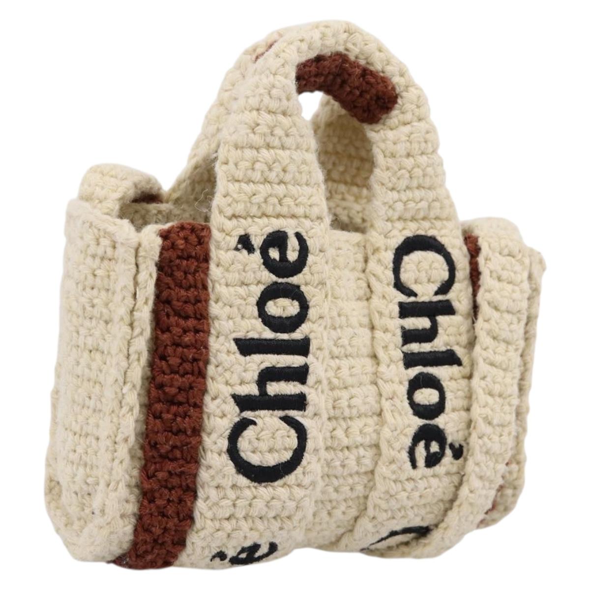 Chloe Woody Crochet Nano Tote Bag Cotton Beige Brown Auth bs37252A
