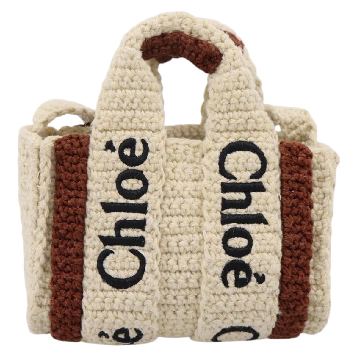 Chloe Woody Crochet Nano Tote Bag Cotton Beige Brown Auth bs37252A