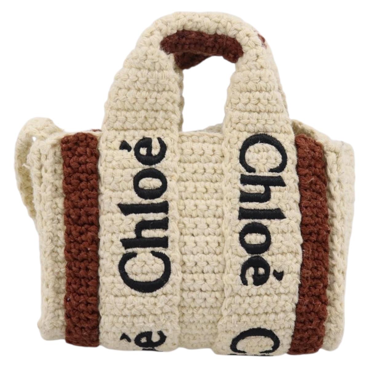 Chloe Woody Crochet Nano Tote Bag Cotton Beige Brown Auth bs37252A