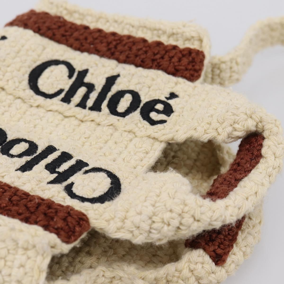 Chloe Woody Crochet Nano Tote Bag Cotton Beige Brown Auth bs37252A