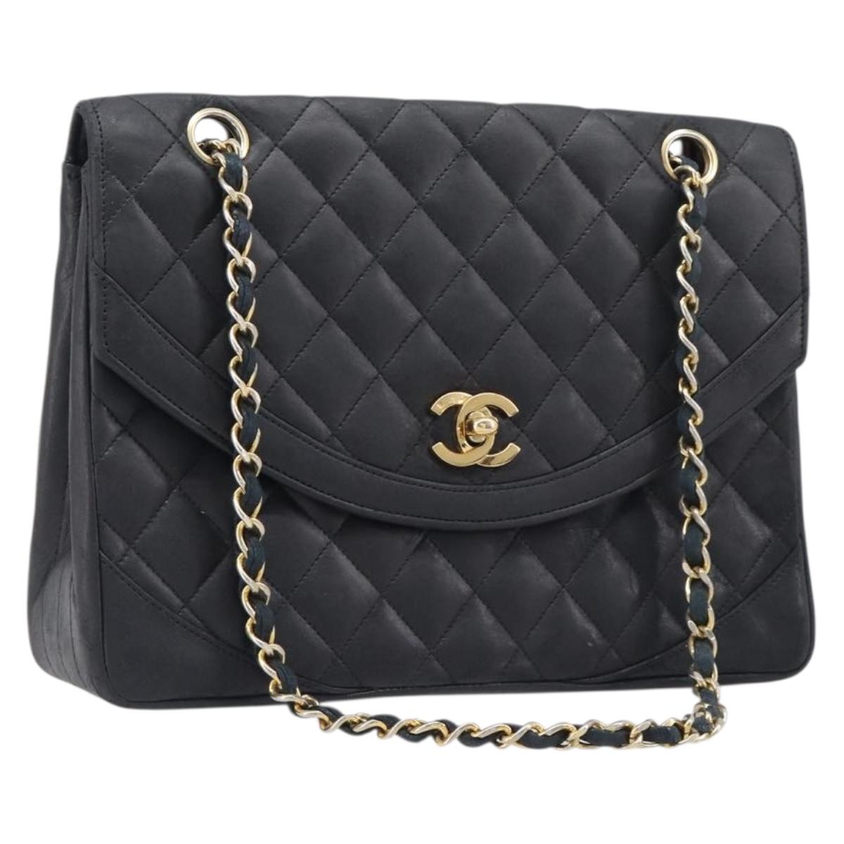 CHANEL Matelasse Chain Shoulder Bag Lamb Skin Black Gold Tone CC Auth bs37255