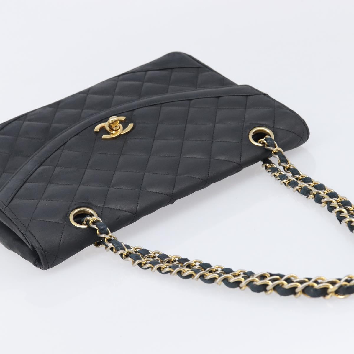 CHANEL Matelasse Chain Shoulder Bag Lamb Skin Black Gold Tone CC Auth bs37255