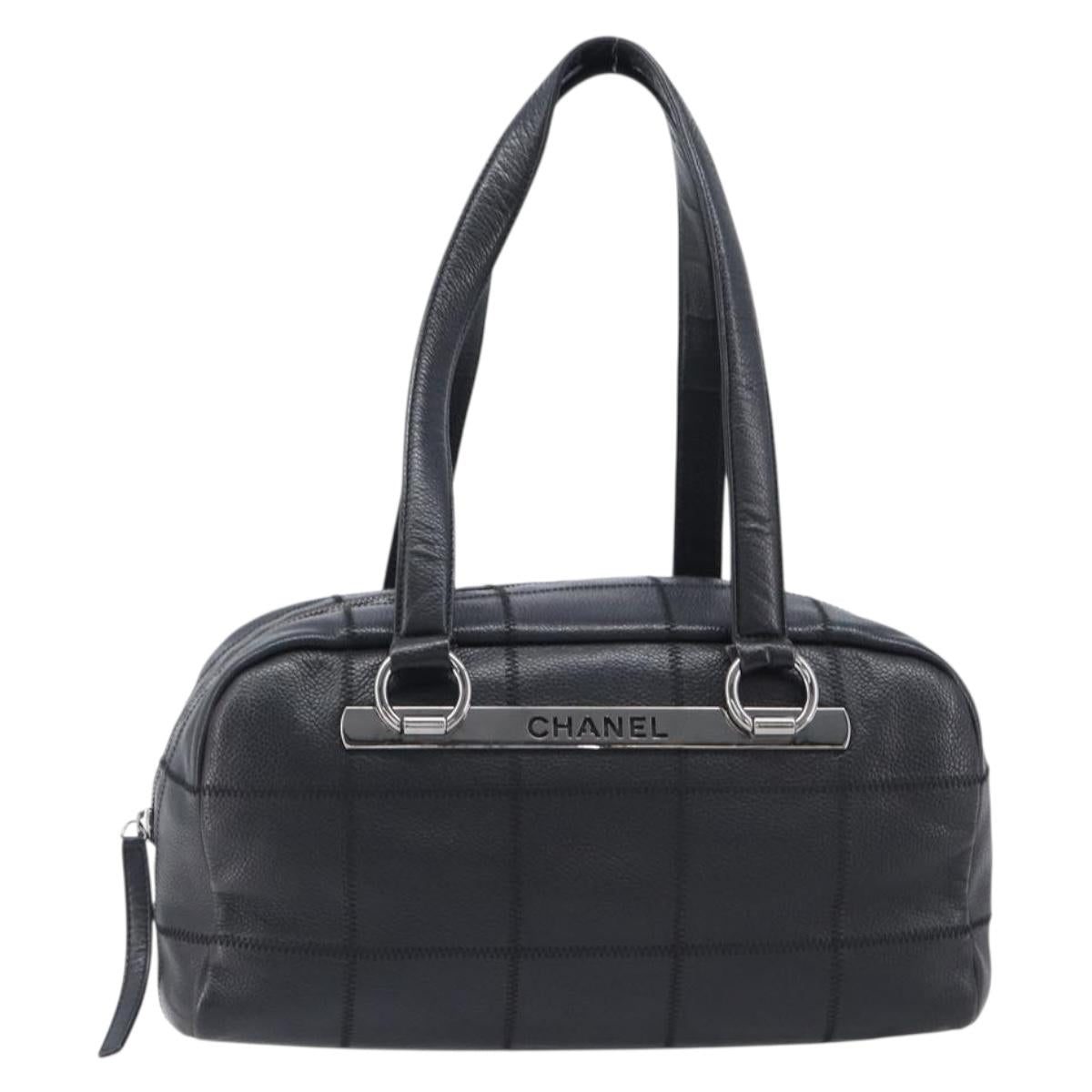 CHANEL Choco Bar Hand Bag Caviar Skin Black Silver CC Auth bs37256