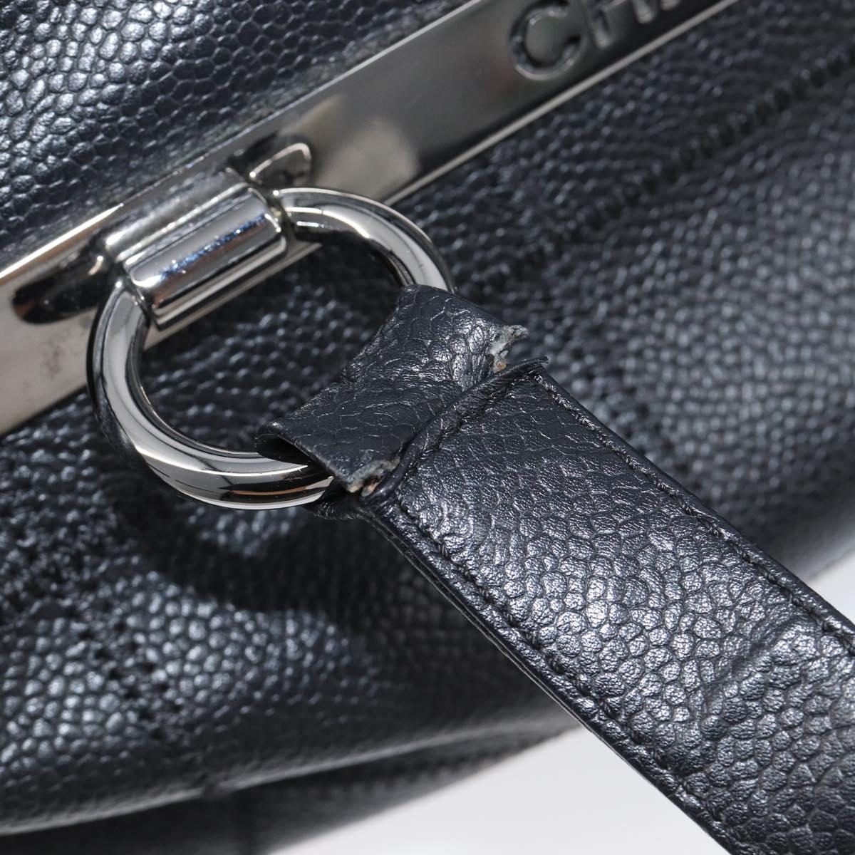 CHANEL Choco Bar Hand Bag Caviar Skin Black Silver CC Auth bs37256