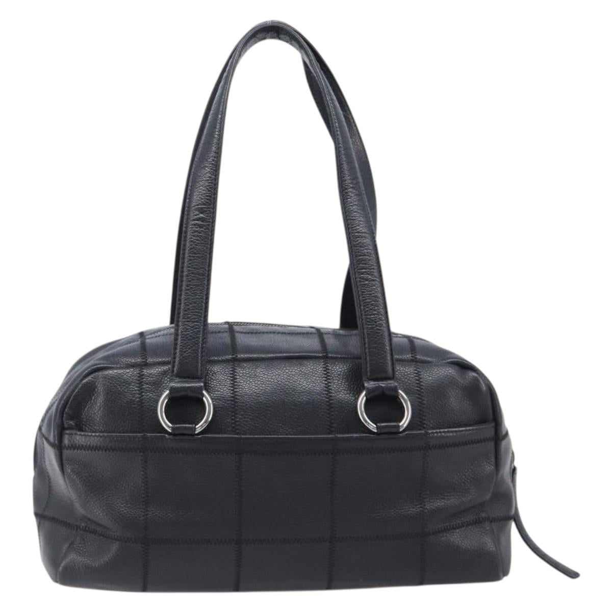 CHANEL Choco Bar Hand Bag Caviar Skin Black Silver CC Auth bs37256