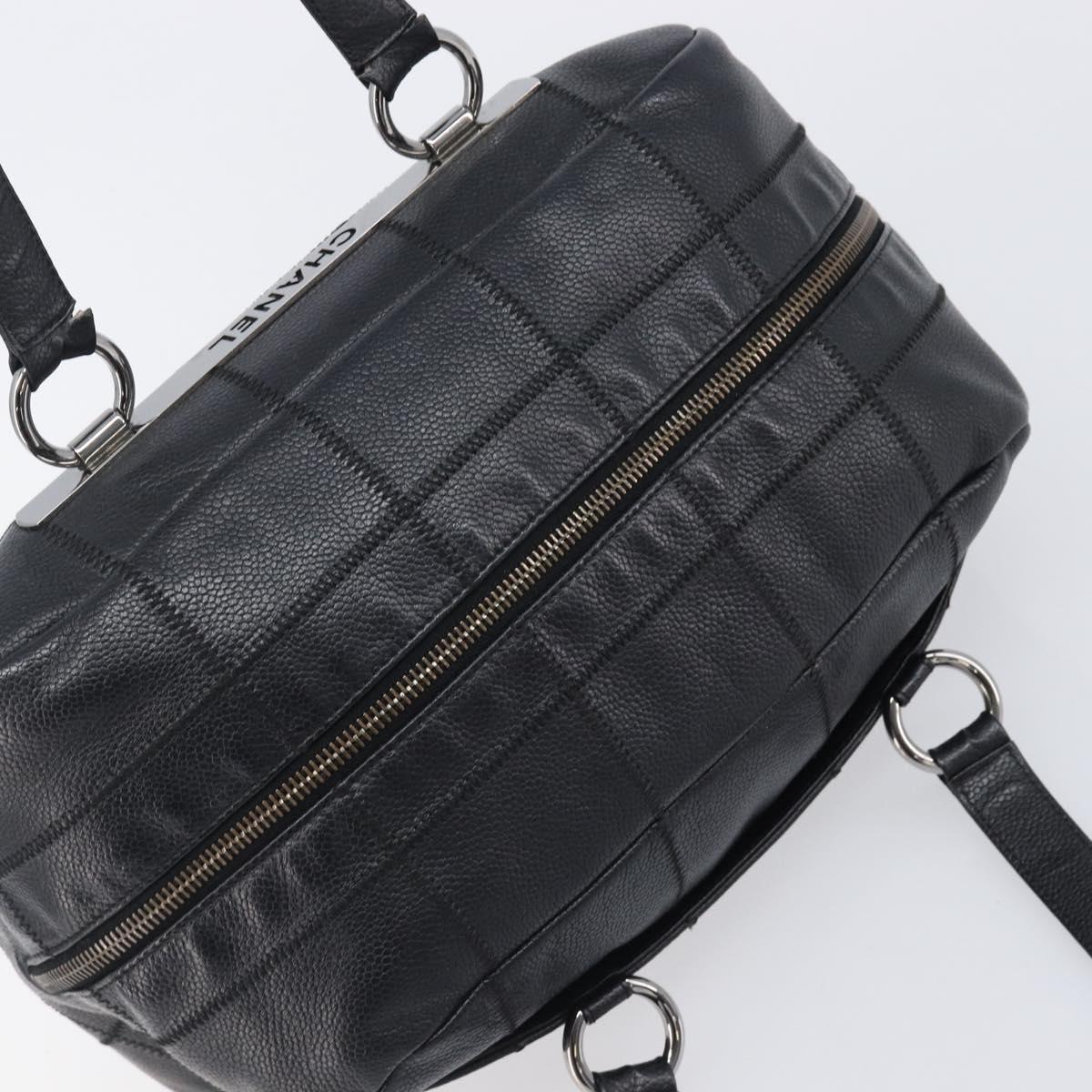 CHANEL Choco Bar Hand Bag Caviar Skin Black Silver CC Auth bs37256