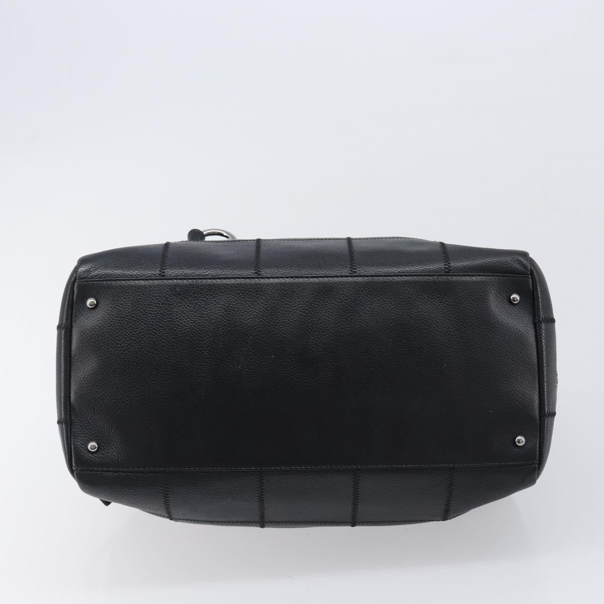 CHANEL Choco Bar Hand Bag Caviar Skin Black Silver CC Auth bs37256