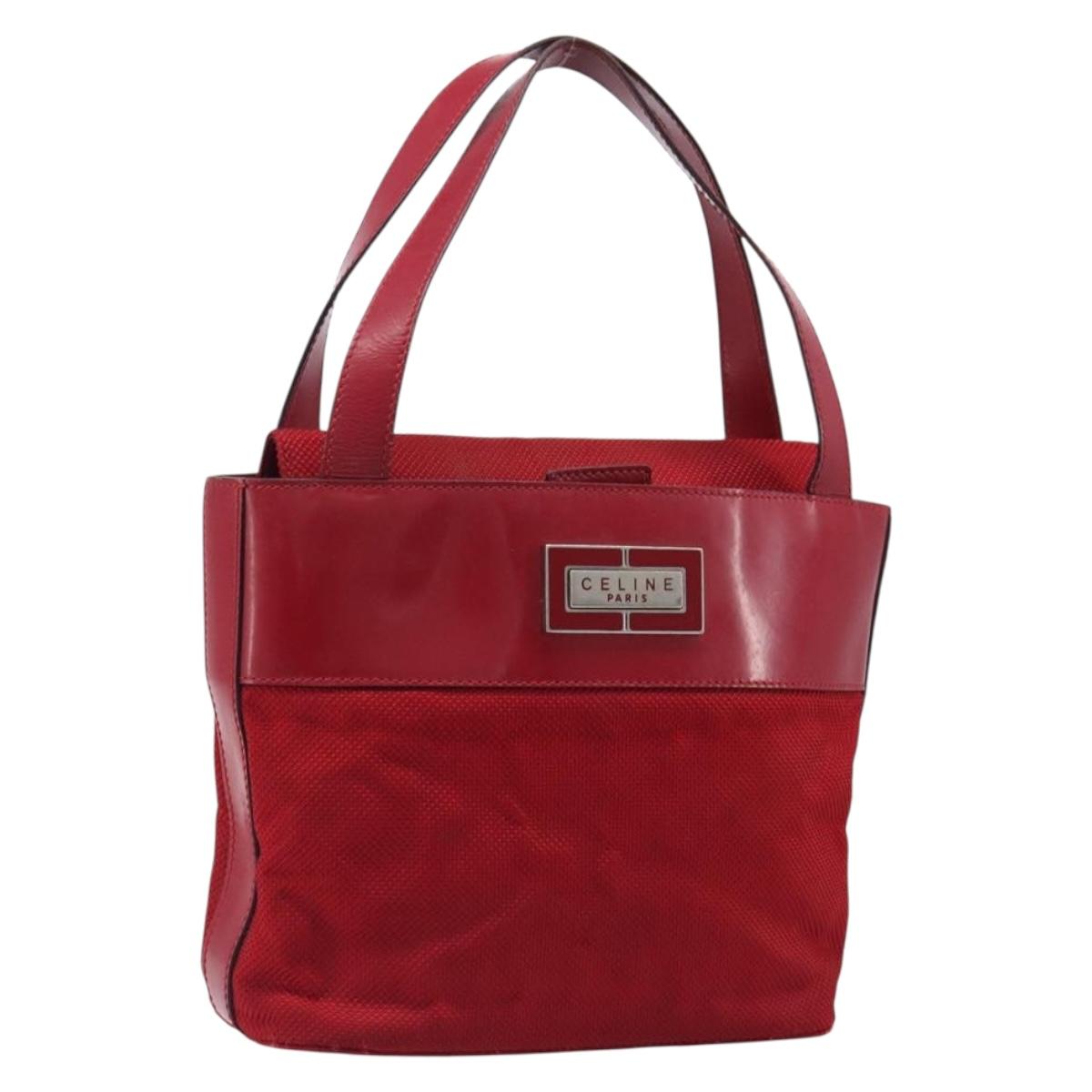 CELINE Hand Bag Canvas Red Silver Auth bs37258