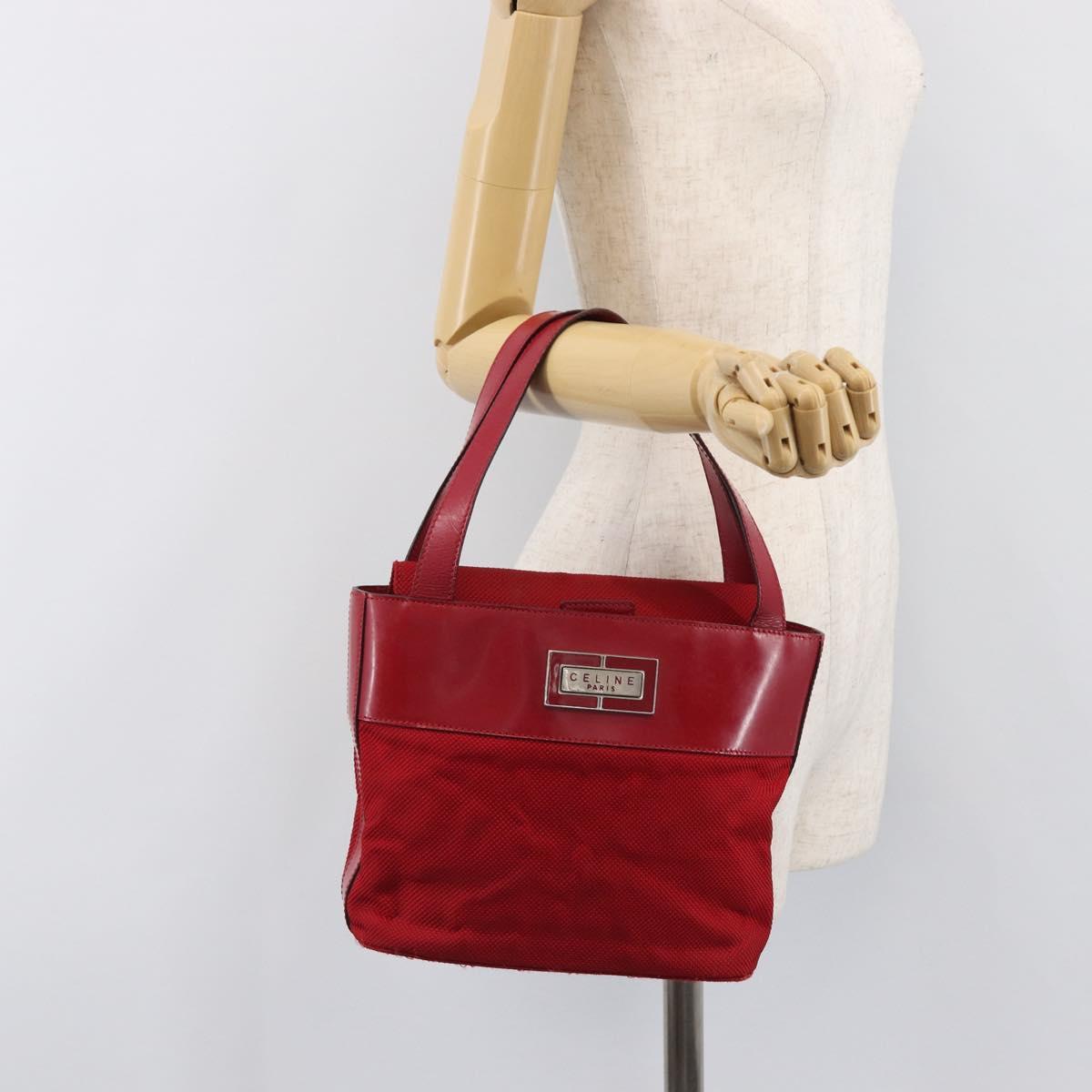 CELINE Hand Bag Canvas Red Silver Auth bs37258
