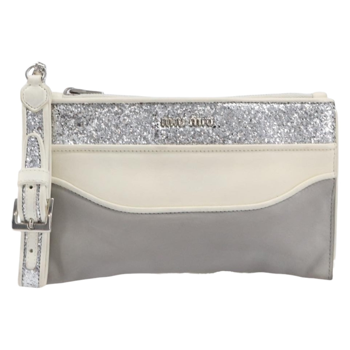 Miu Miu Pouch Leather Gray Silver Auth bs37264