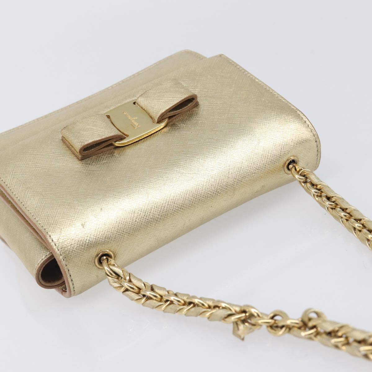 Salvatore Ferragamo Vala Chain Shoulder Bag Leather Gold Auth bs37272