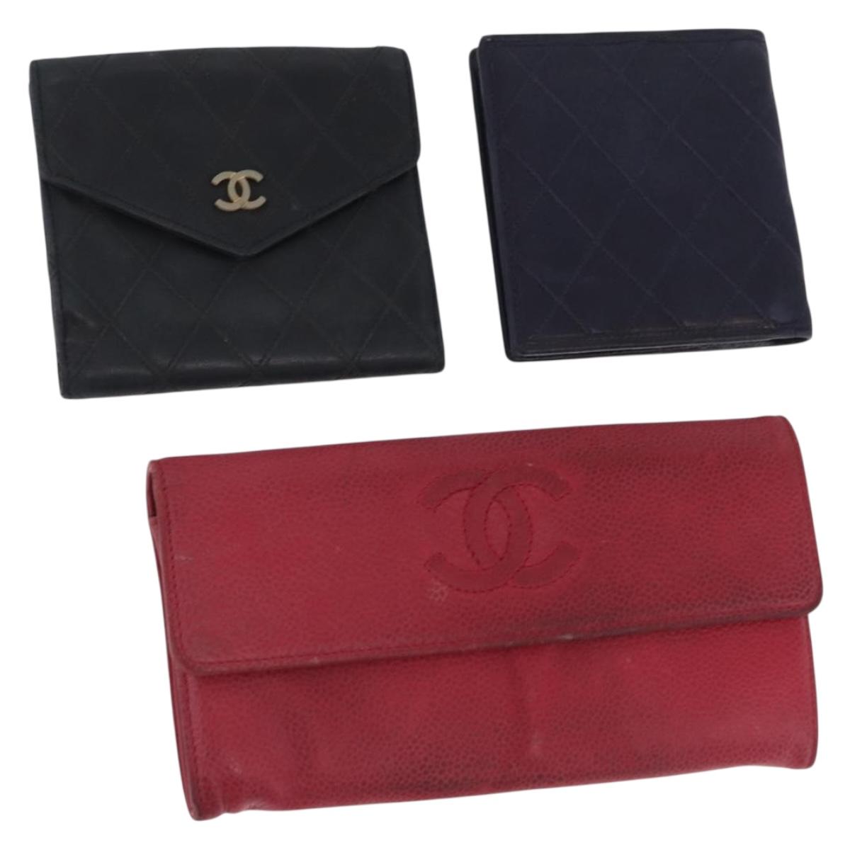 CHANEL Wallet Leather 3 Set Black Red Navy CC Auth bs37285