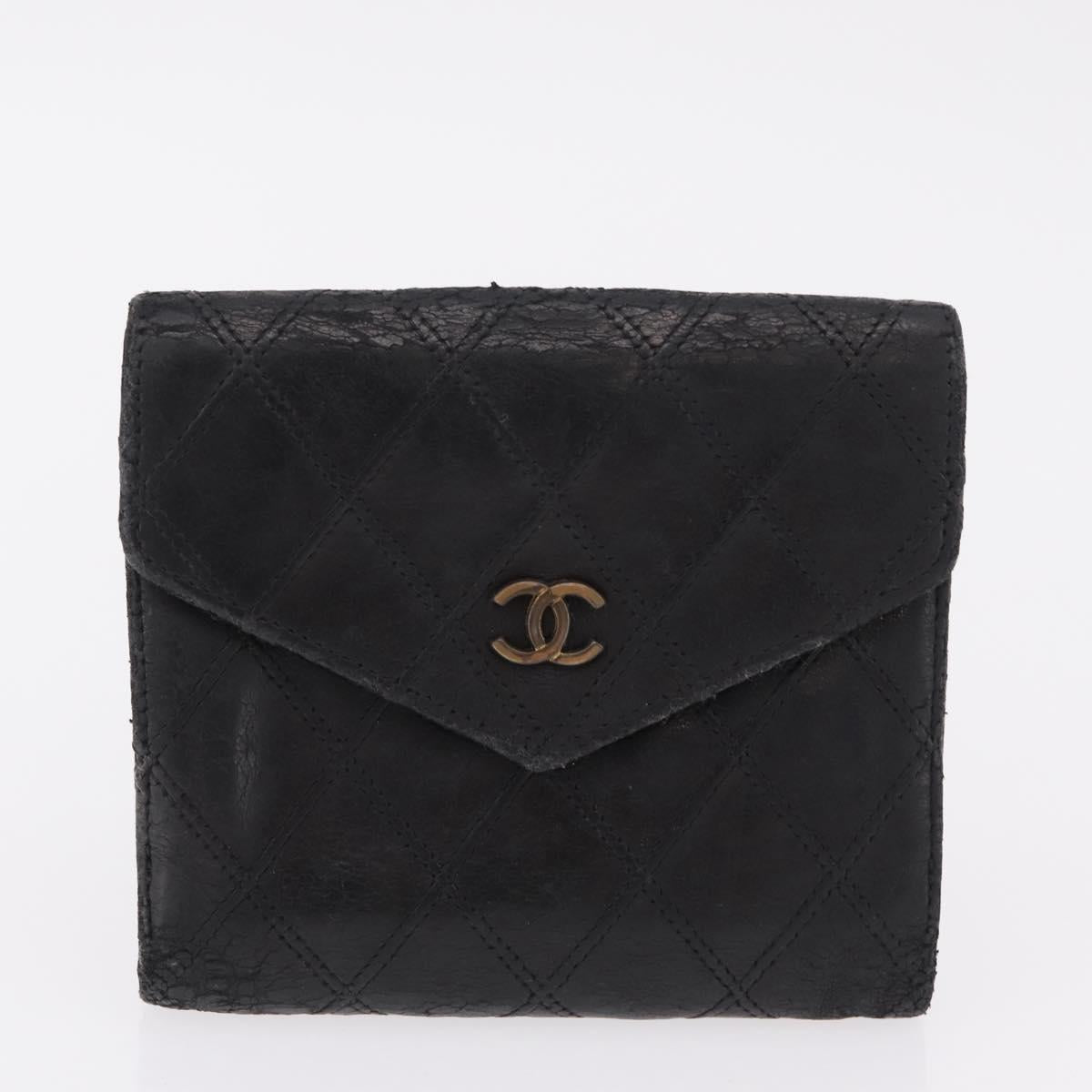 CHANEL Bicolore Wallet Leather 2 Set Black CC Auth bs37308
